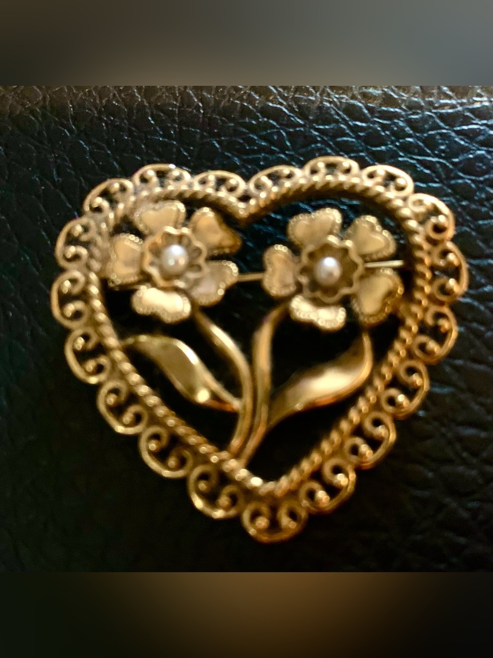 Avon Gold-Tone Heart Floral Brooch with Pearl Centers